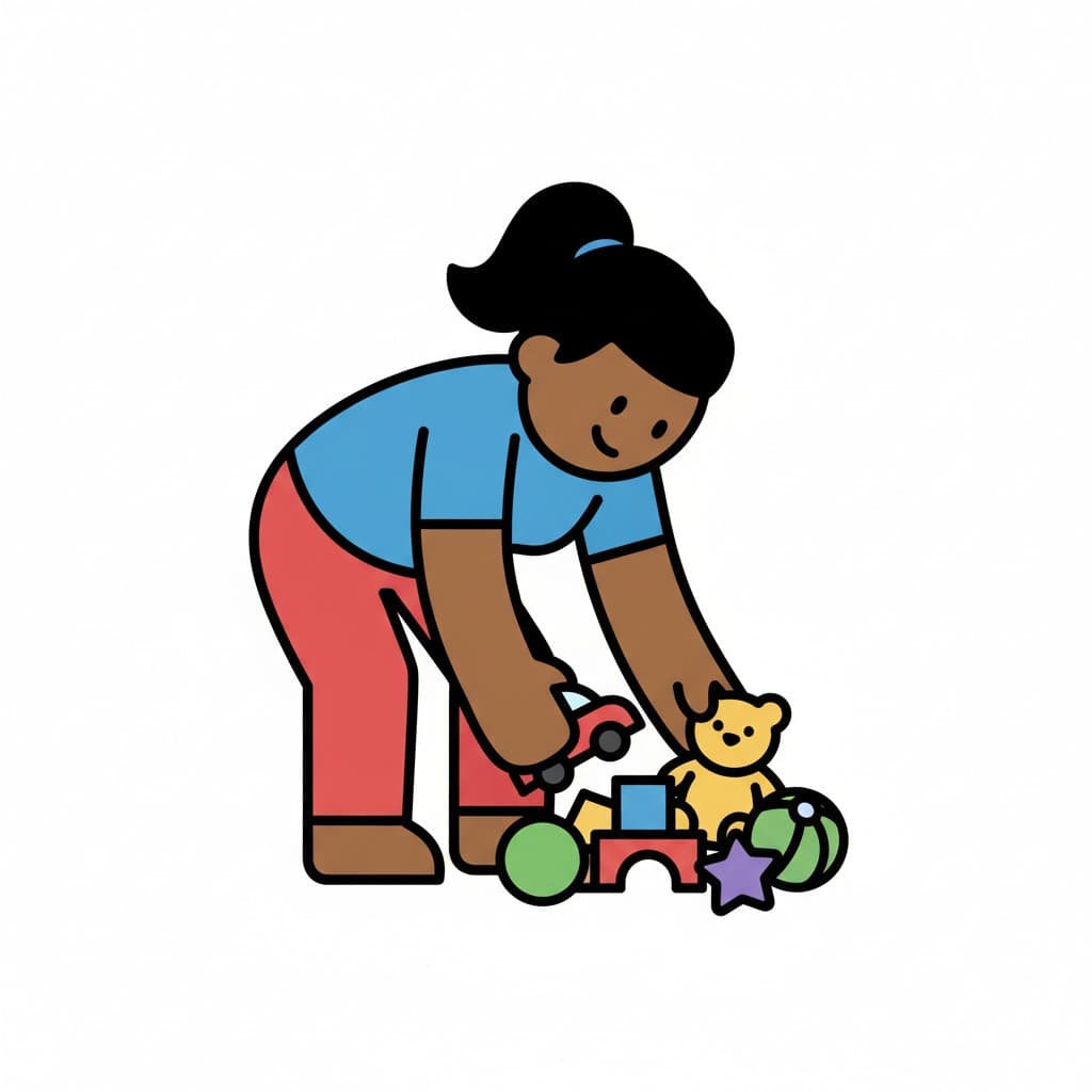 Nainen kerää leluja lattialta.