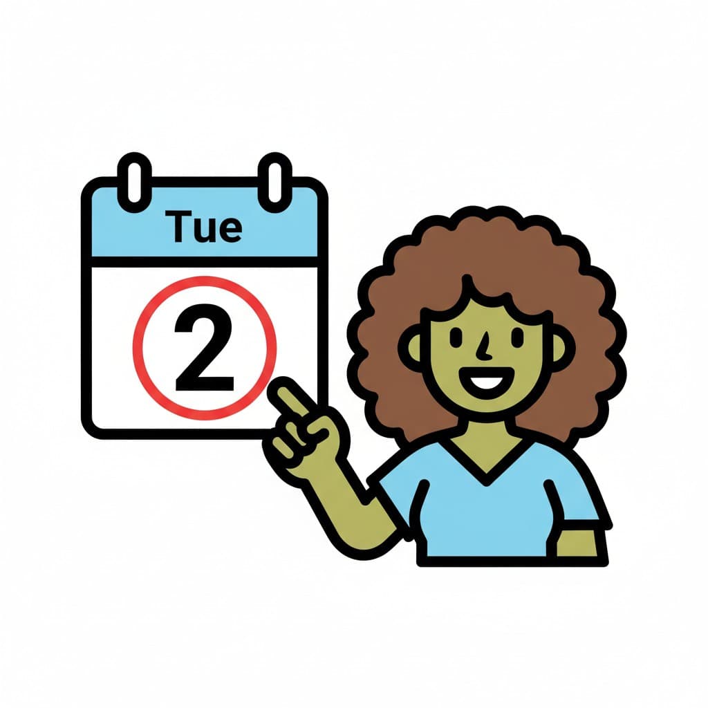 Eine lächelnde Frau zeigt auf einen Kalender mit der Aufschrift Tue, auf dem die Zwei rot eingekreist ist.