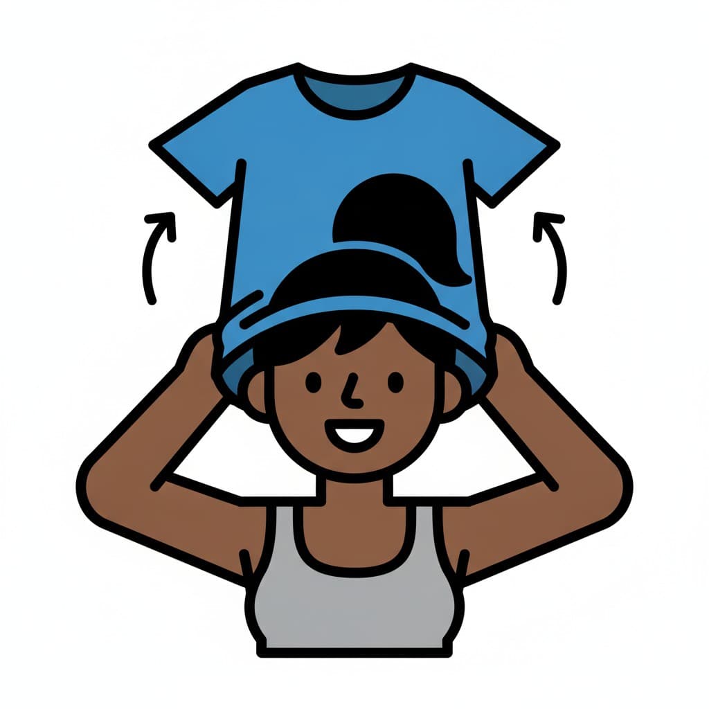 Eine Frau zieht ein blaues T-Shirt über den Kopf, Pfeile zeigen die Bewegung nach oben, darunter ist ein graues Top zu sehen.