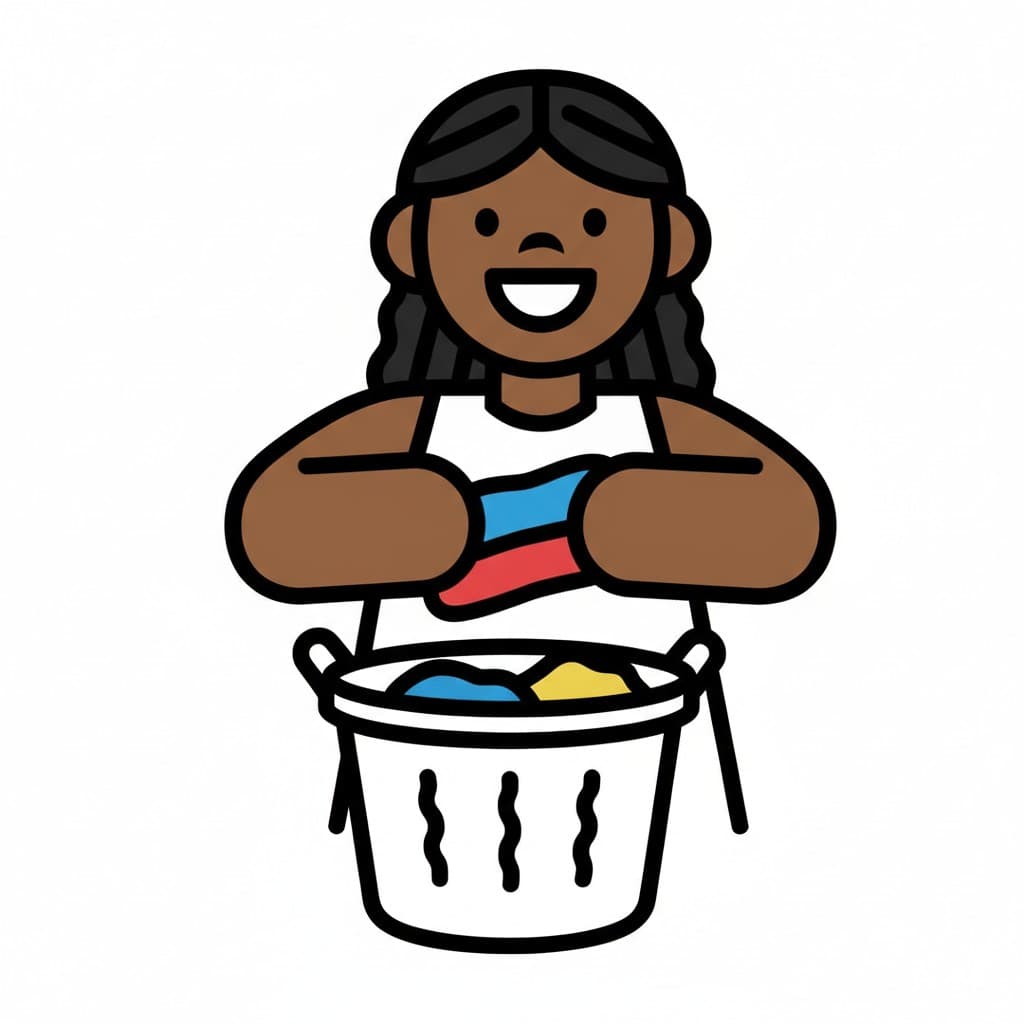 Hymyilevä nainen laittaa värikkäitä vaatteita valkoiseen pyykkikoriin.