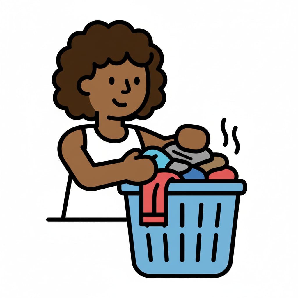 A person puts dirty clothes into a laundry basket.