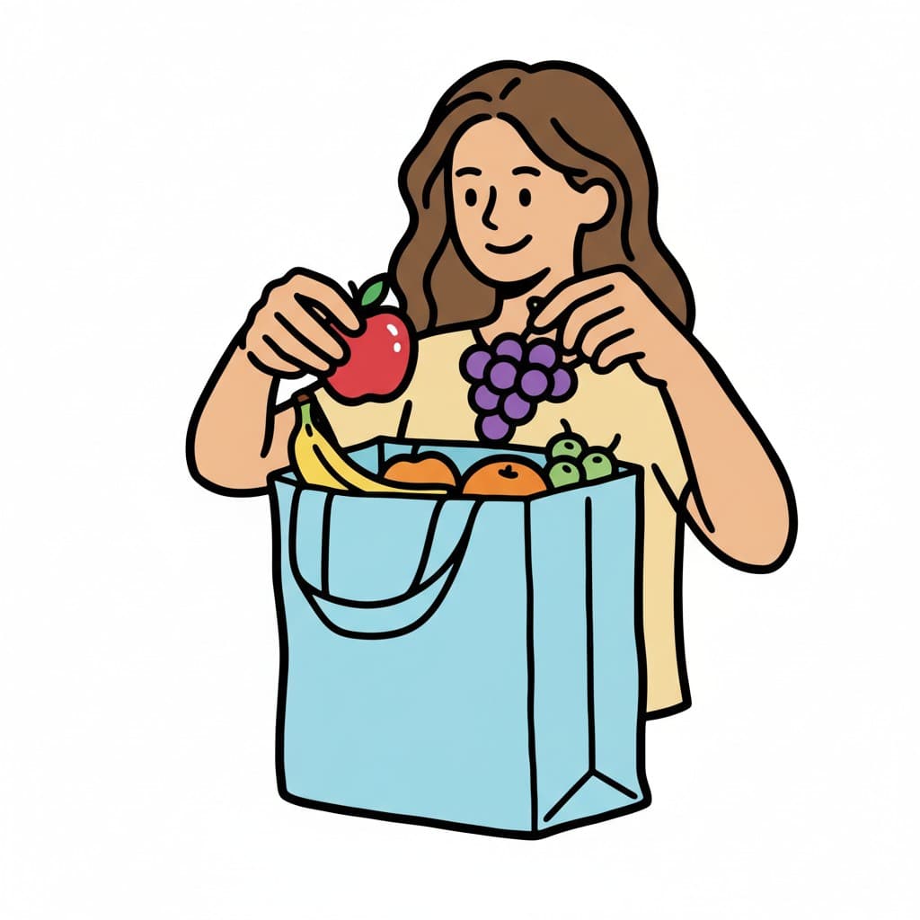 A person putting an apple and grapes into a blue cloth bag.