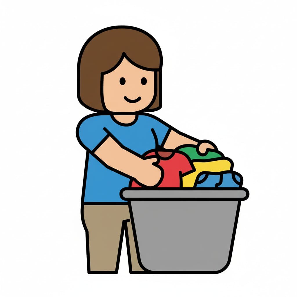 A person putting colored clothes into a gray laundry basket.