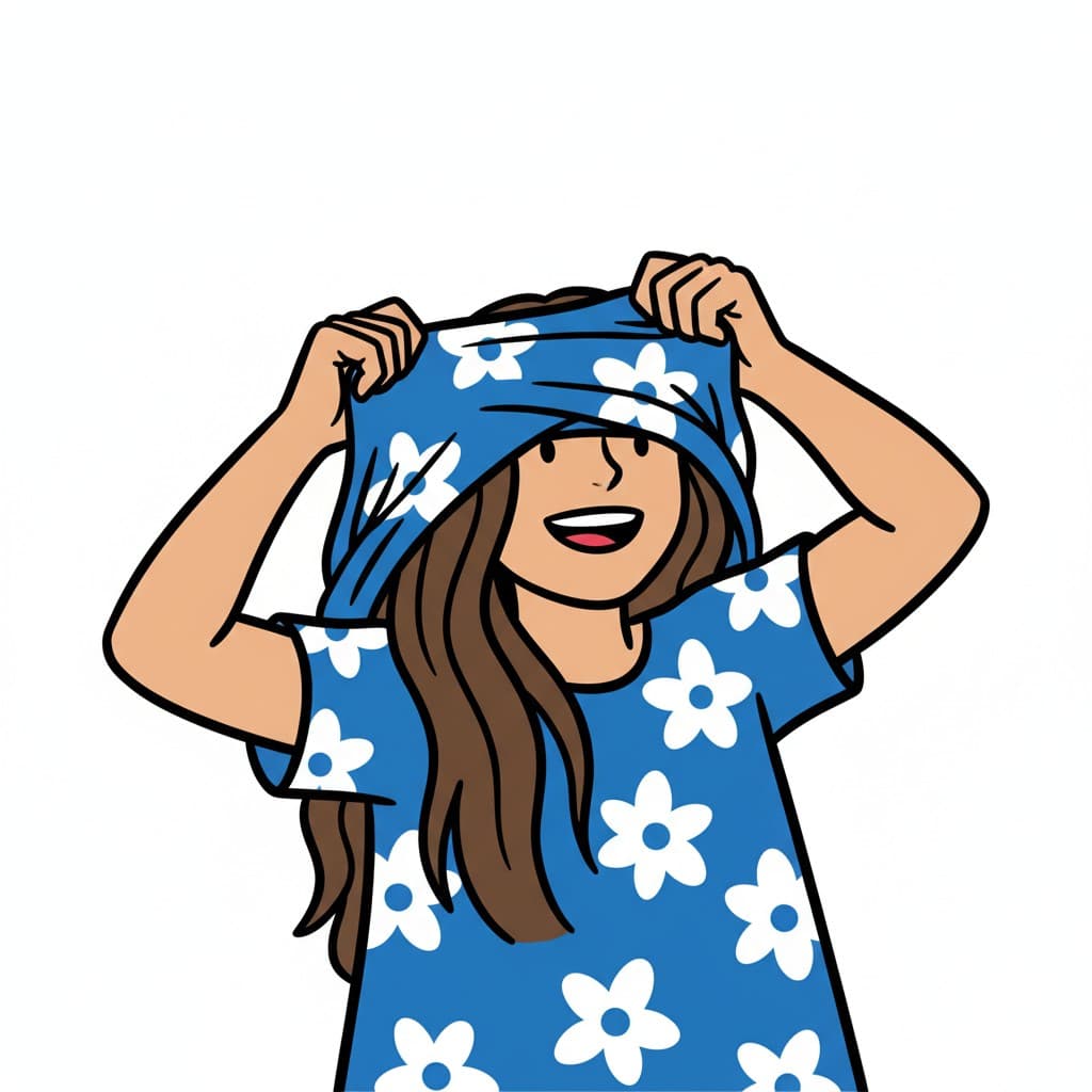 En kvinna drar på sig en blå klänning med vita blommor över huvudet, leende.