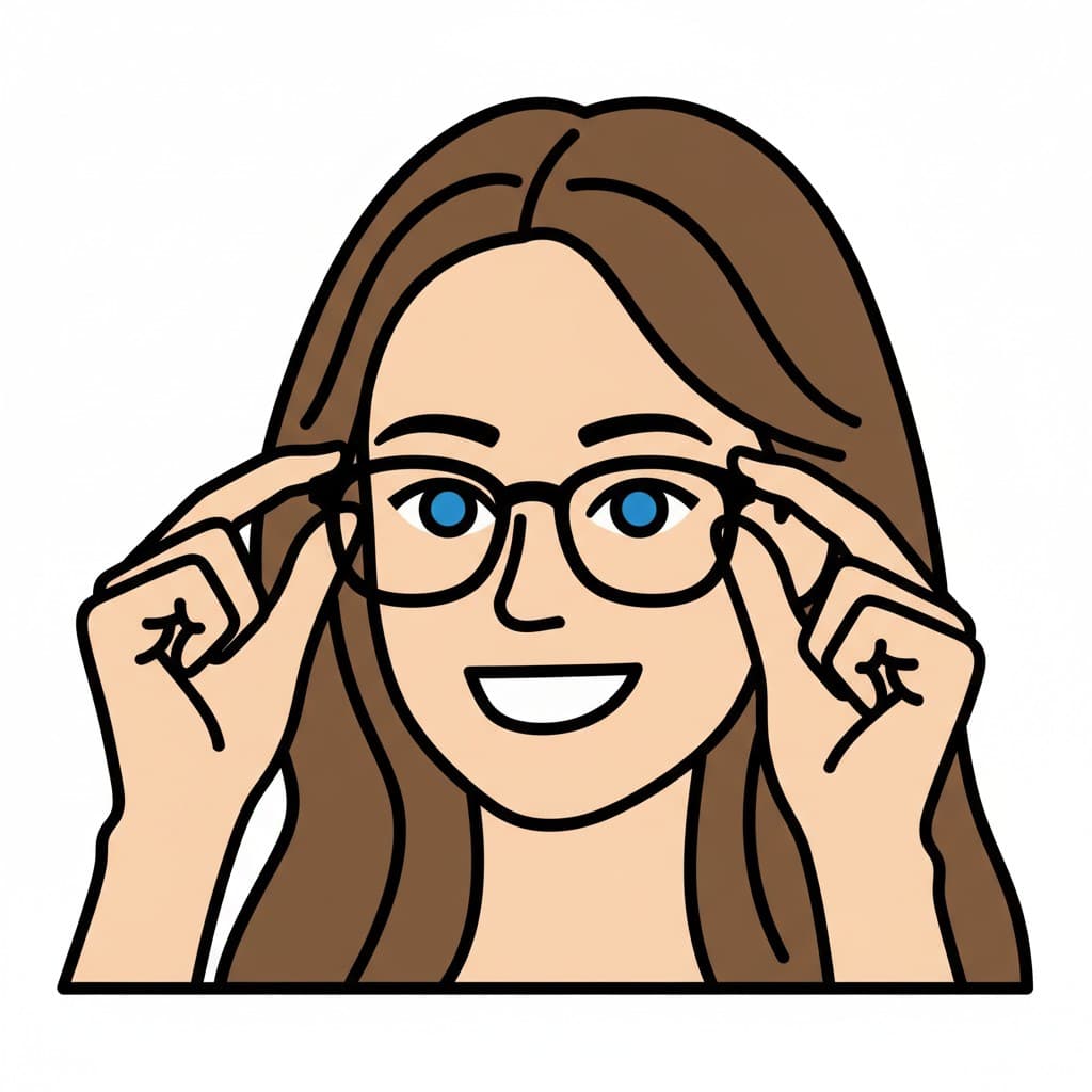 A woman putting on glasses.