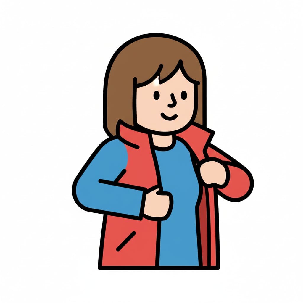 Eine Zeichentrickfrau in einem blauen Hemd zieht eine rote Jacke an.