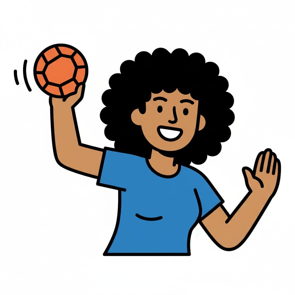 En ung kvinna i blå t-shirt håller upp en orange handboll i ena handen och sträcker ut den andra.