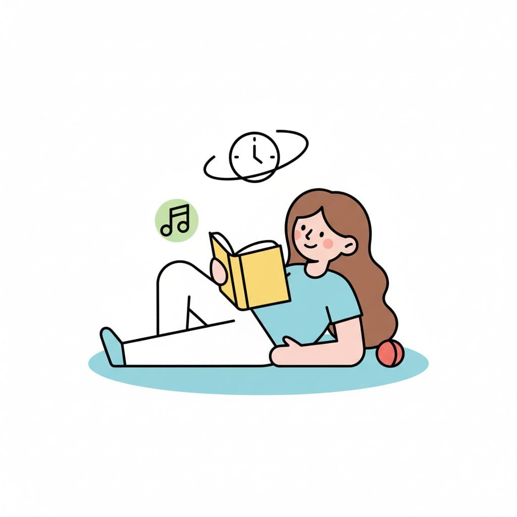 Eine Frau liegt auf dem Boden und liest ein Buch, mit Gedankenblasen, die eine Uhr und eine Musiknote zeigen, was Freizeit darstellt.