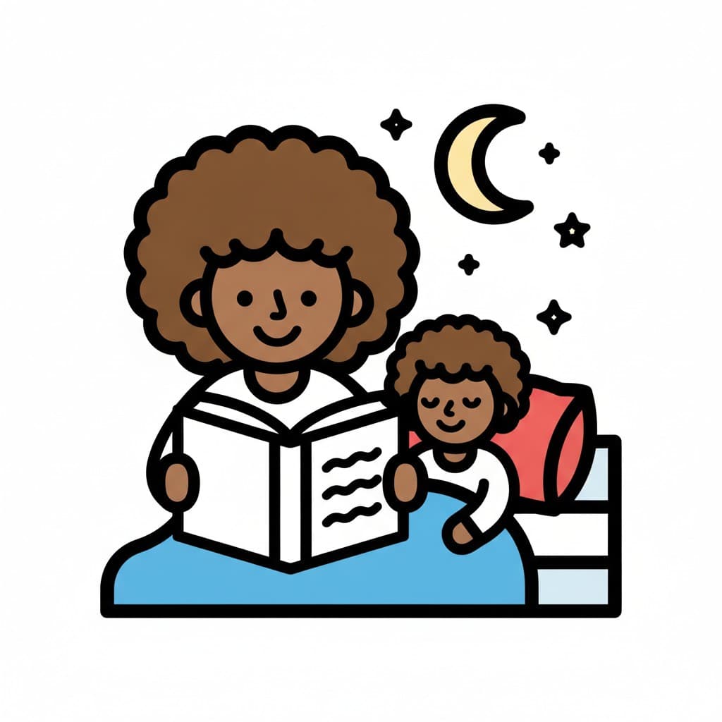 Eine Frau sitzt am Bett und liest aus einem aufgeschlagenen Buch, während das Kind unter einer blauen Decke liegt und im Hintergrund Mond und Sterne zu sehen sind.