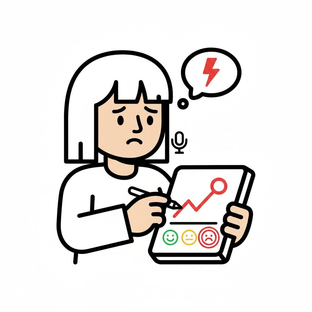 En person med kort hår ser ledsen ut och registrerar smärta på en digital enhet som visar ett stigande diagram och missnöjda ansiktsuttryck.
