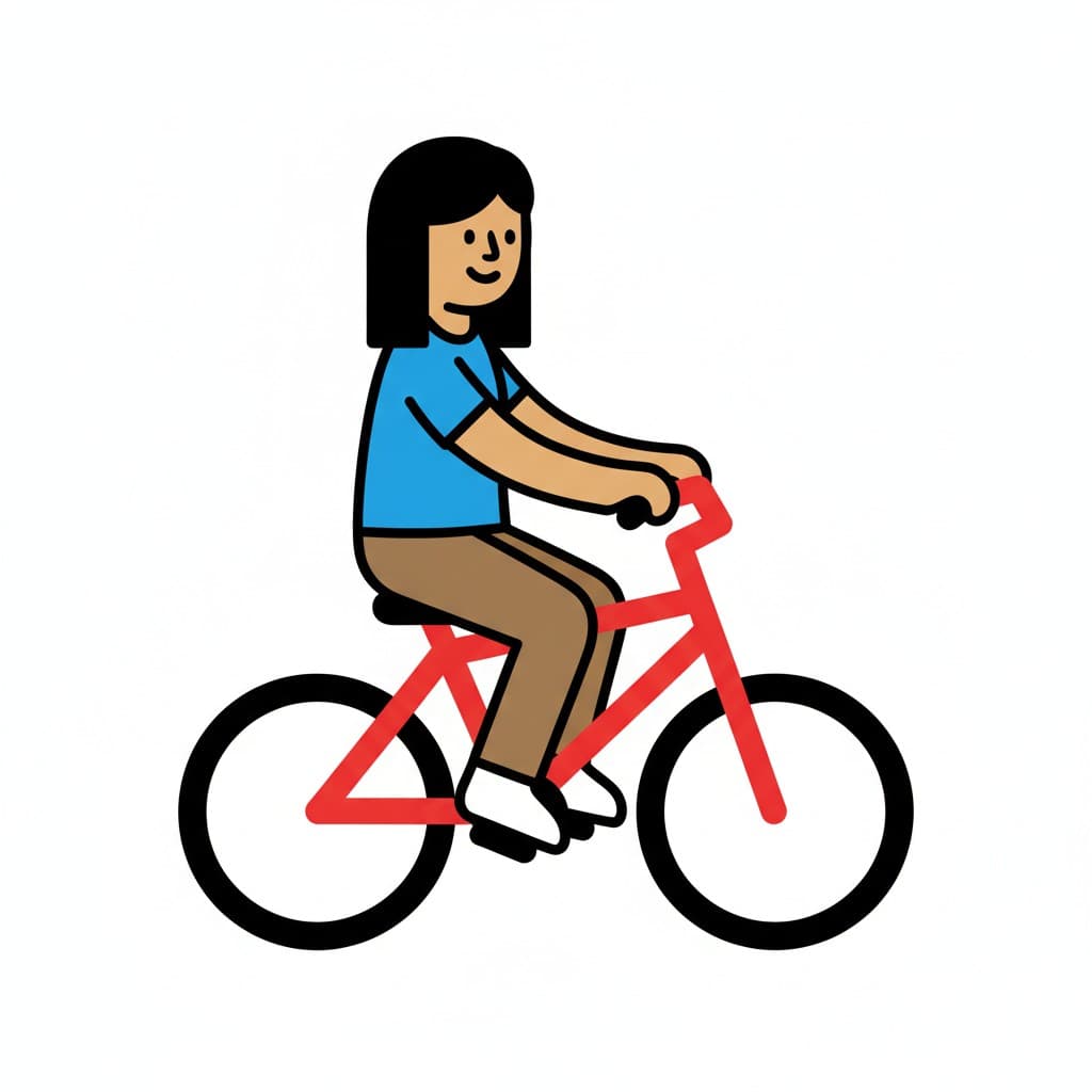 Eine Frau fährt auf einem roten Fahrrad.