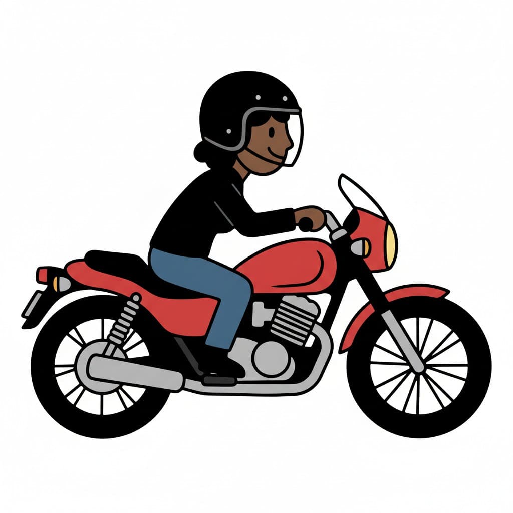 A woman wearing a helmet rides a red motorcycle.