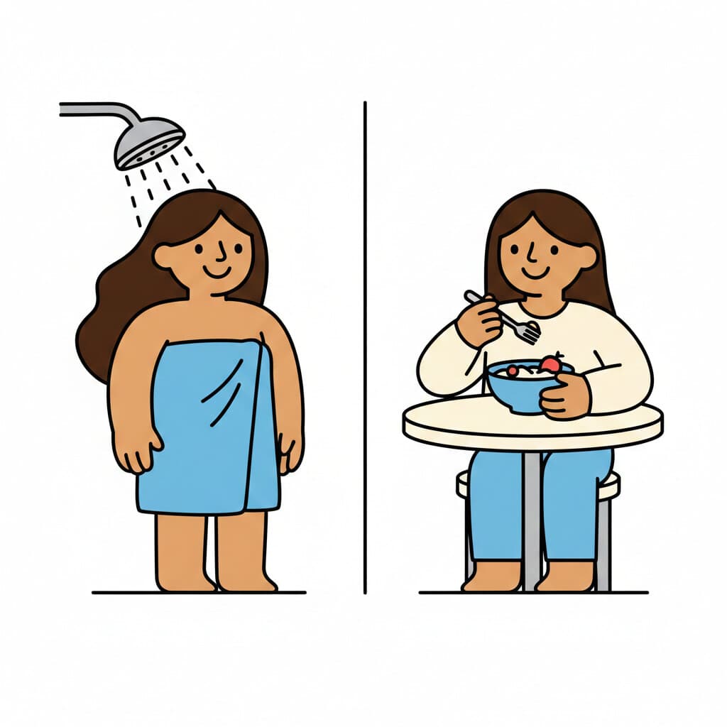 En illustration av en kvinna som duschar, insvept i en handduk, äter flingor med en sked från en skål och håller en bit rostat bröd.