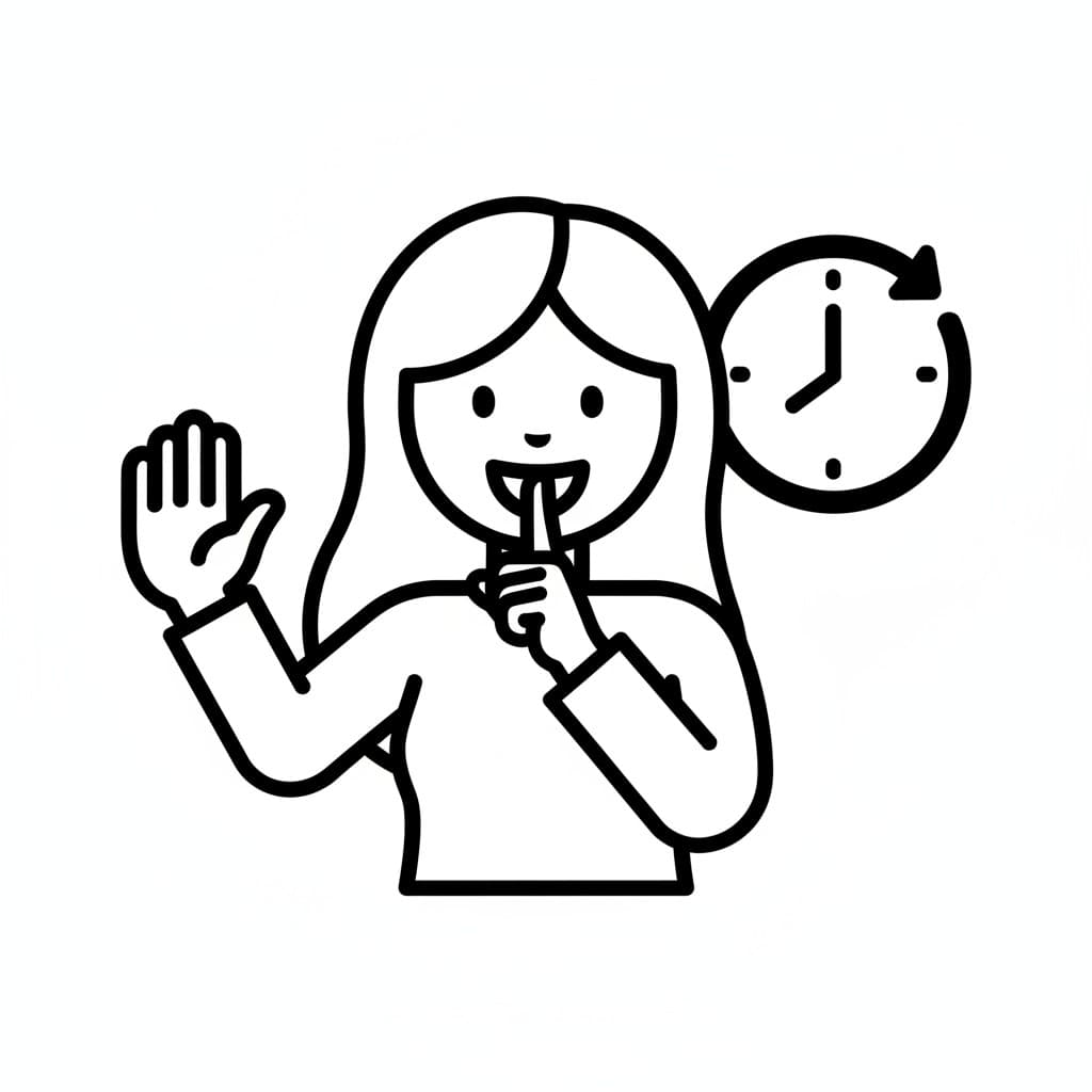 En person håller upp en hand som ett stopptecken, har ett finger på läpparna för att signalera tystnad, bredvid en klockikon med en återfärskningspil.