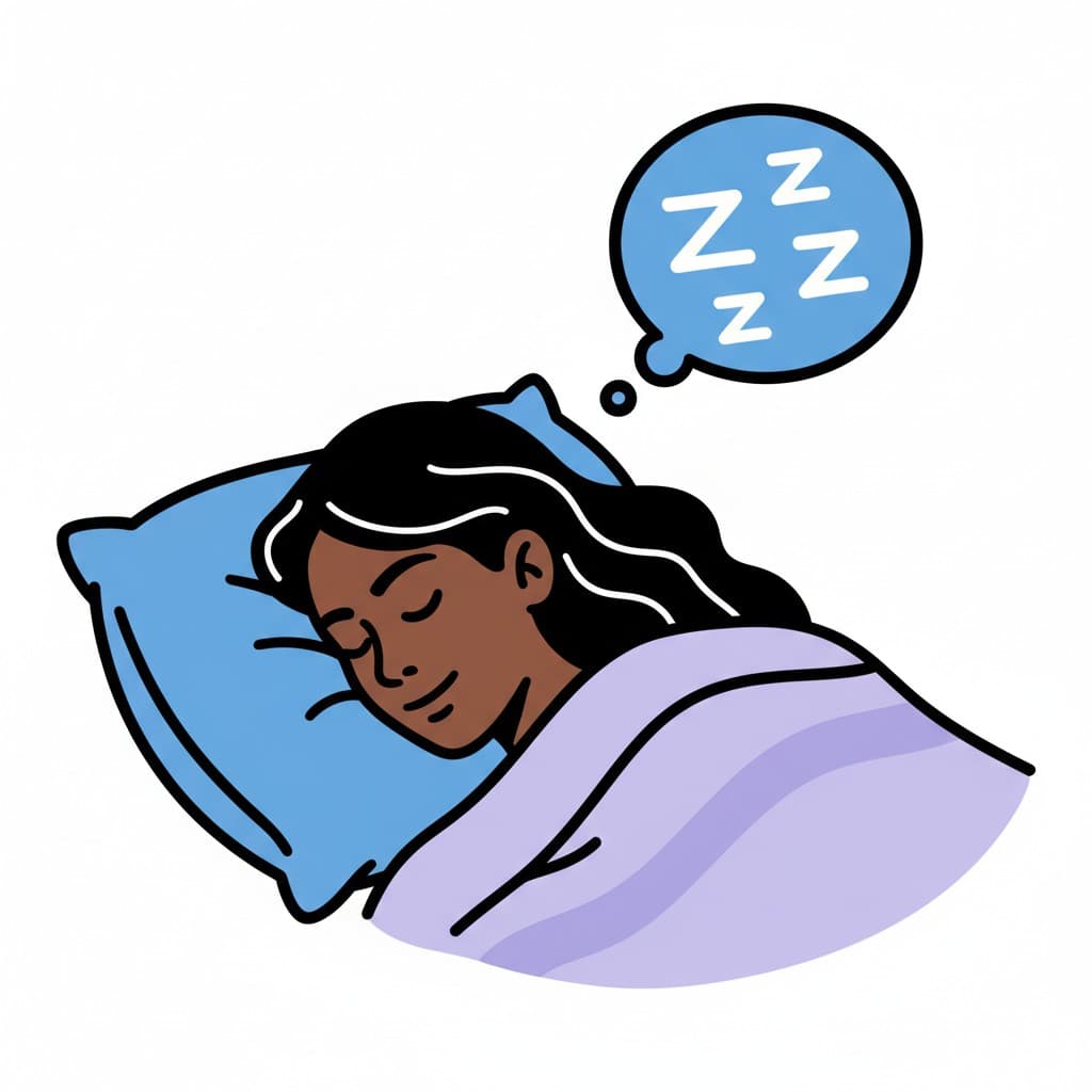 Illustration of a woman sleeping peacefully in her bed, with a 'ZzZz' thought bubble above her head.