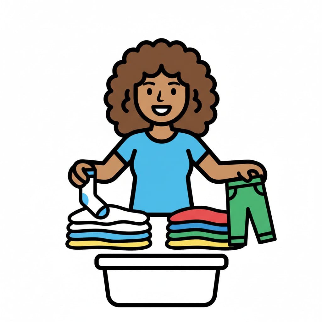 En leende person sorterar tvätt i olika högar bredvid en tvättkorg.