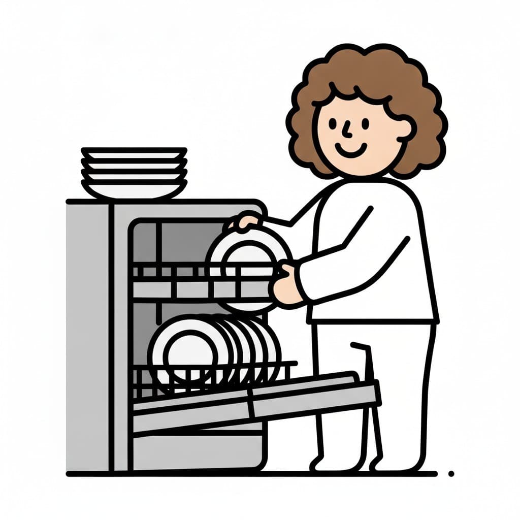 Seen from the side, a woman with curly hair takes a plate from the dishwasher while a stack of plates rests on top of the machine.