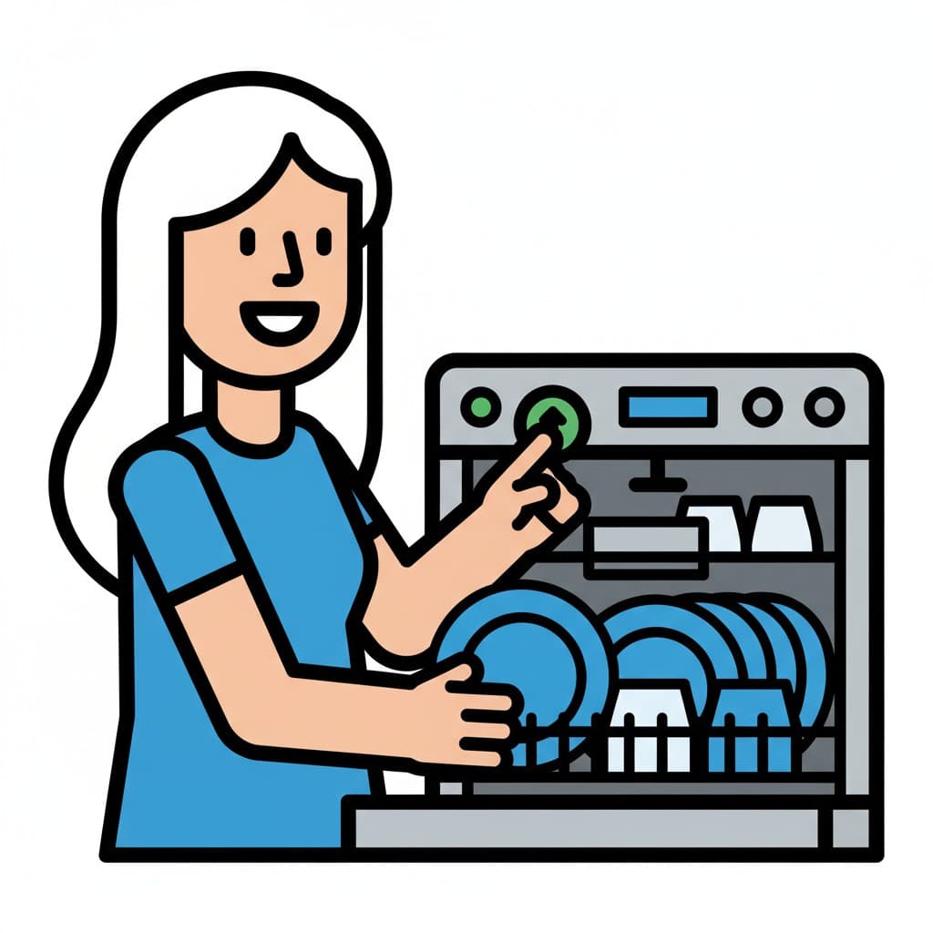 A person with long white hair stands by an open dishwasher with dirty dishes and presses the start button.