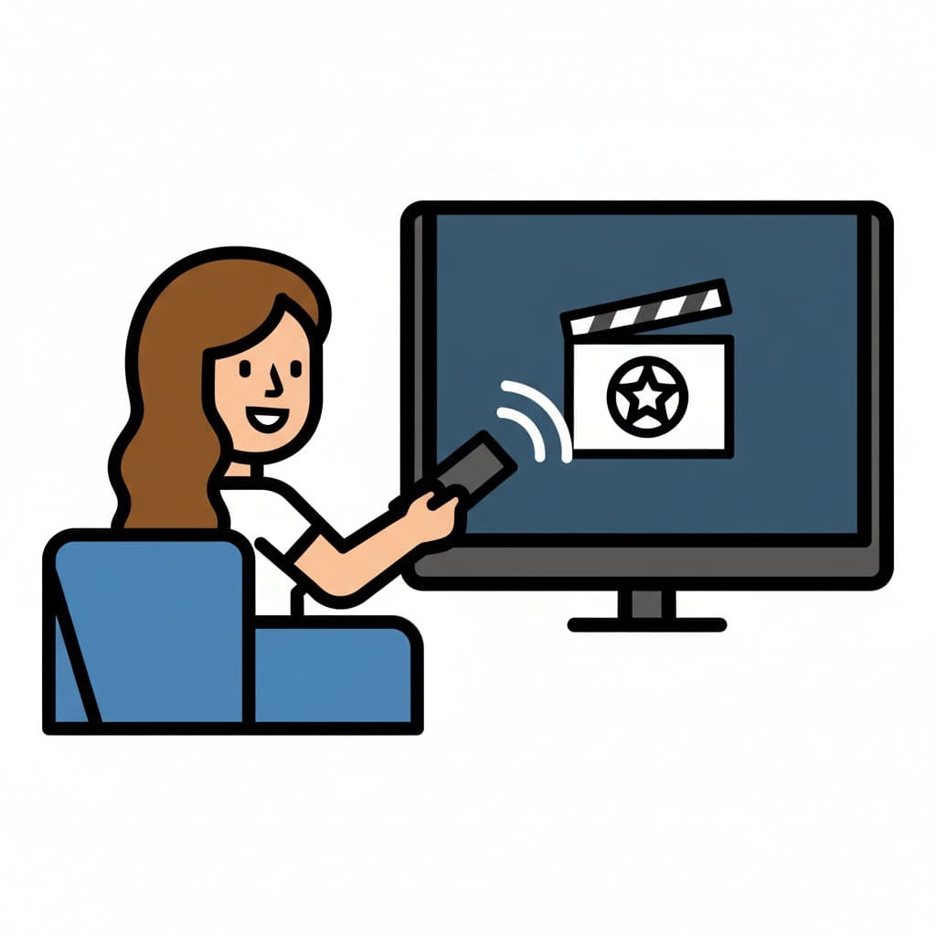 From a blue armchair, a woman aims the remote at a television showing a clapperboard with a star.