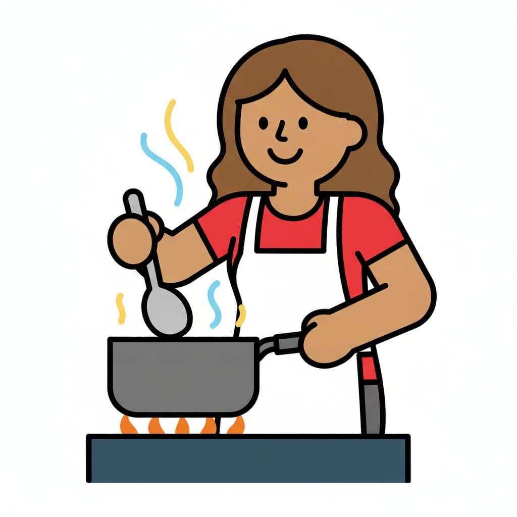 Wearing a red top and a white apron, a woman stirs a ladle through a pot simmering over the flames of a stove.