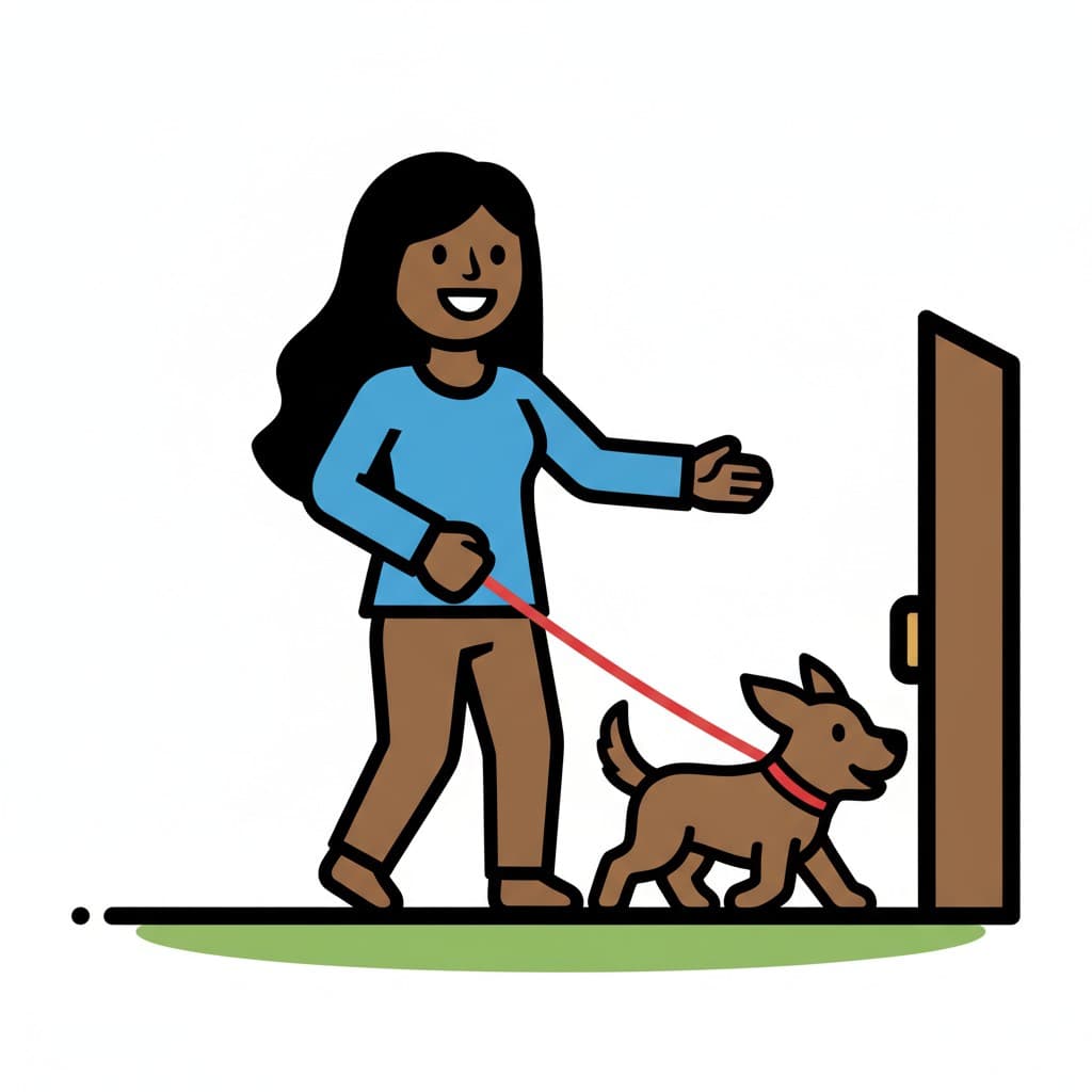 En kvinne med langt mørkt hår går ut en dør med en brun hund i et rødt bånd.