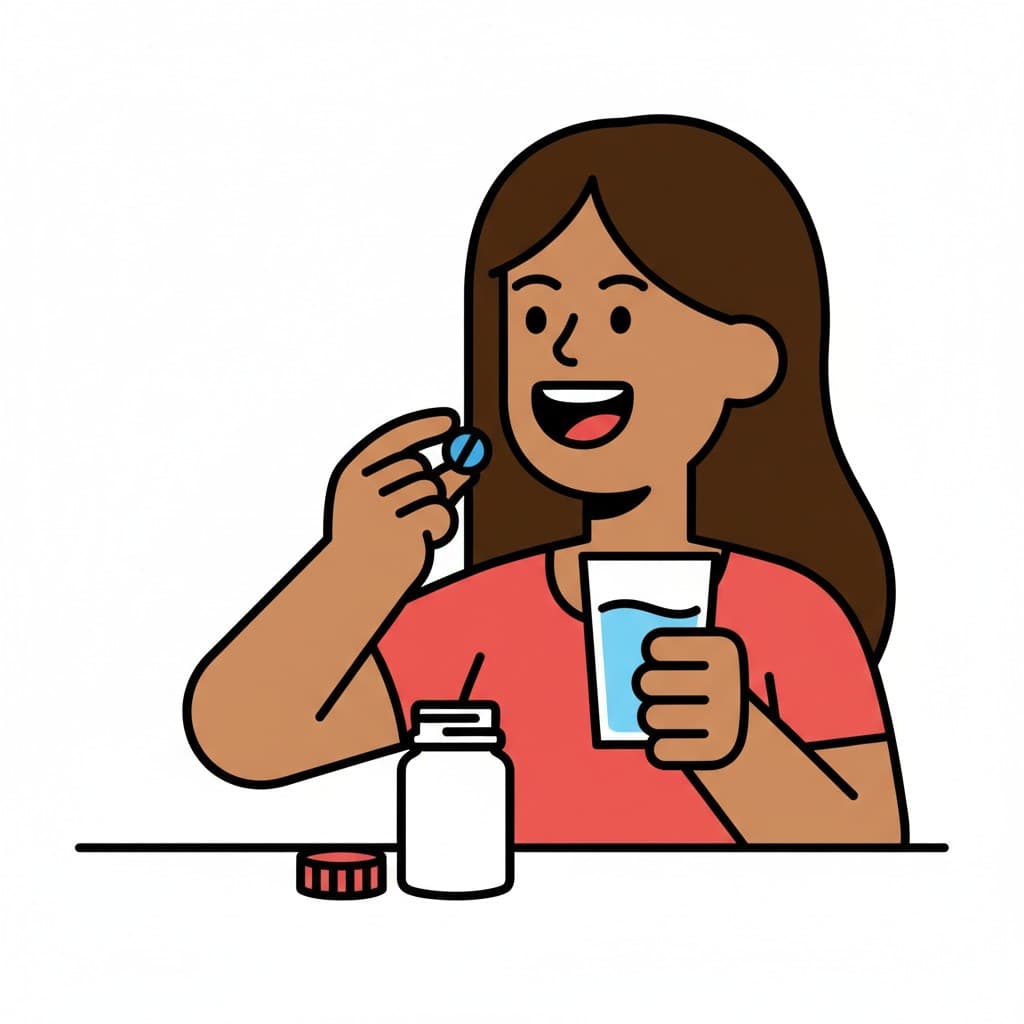 En person tar en tablett med ett glas vatten och en medicinflaska.