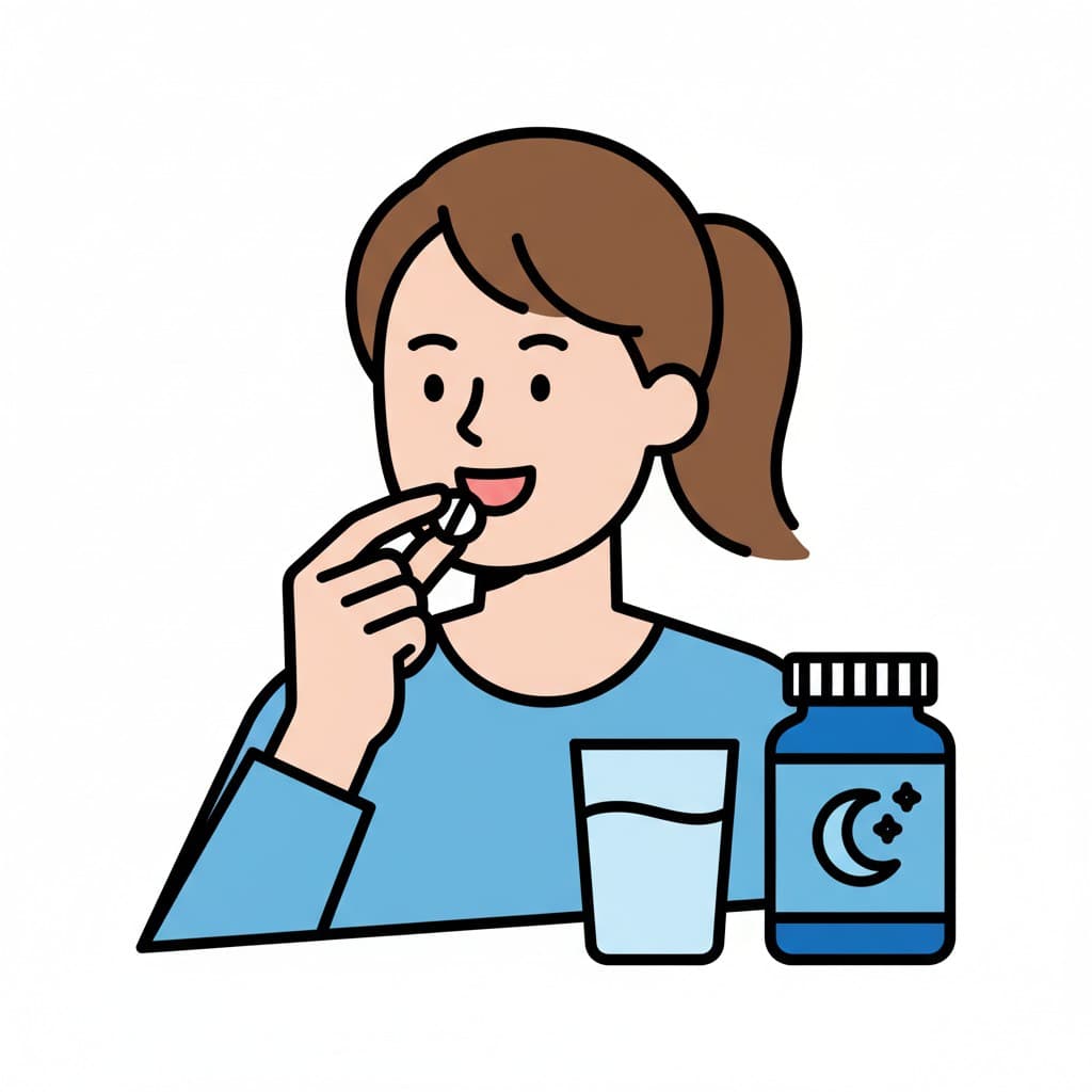 En illustration av en person som tar en melatonin-tablett med ett glas vatten bredvid en flaska med melatonin.