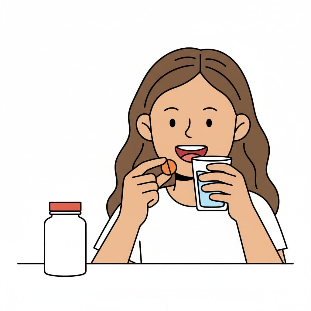 En person tar en orange vitamin med ett glas vatten, en burk står bredvid.