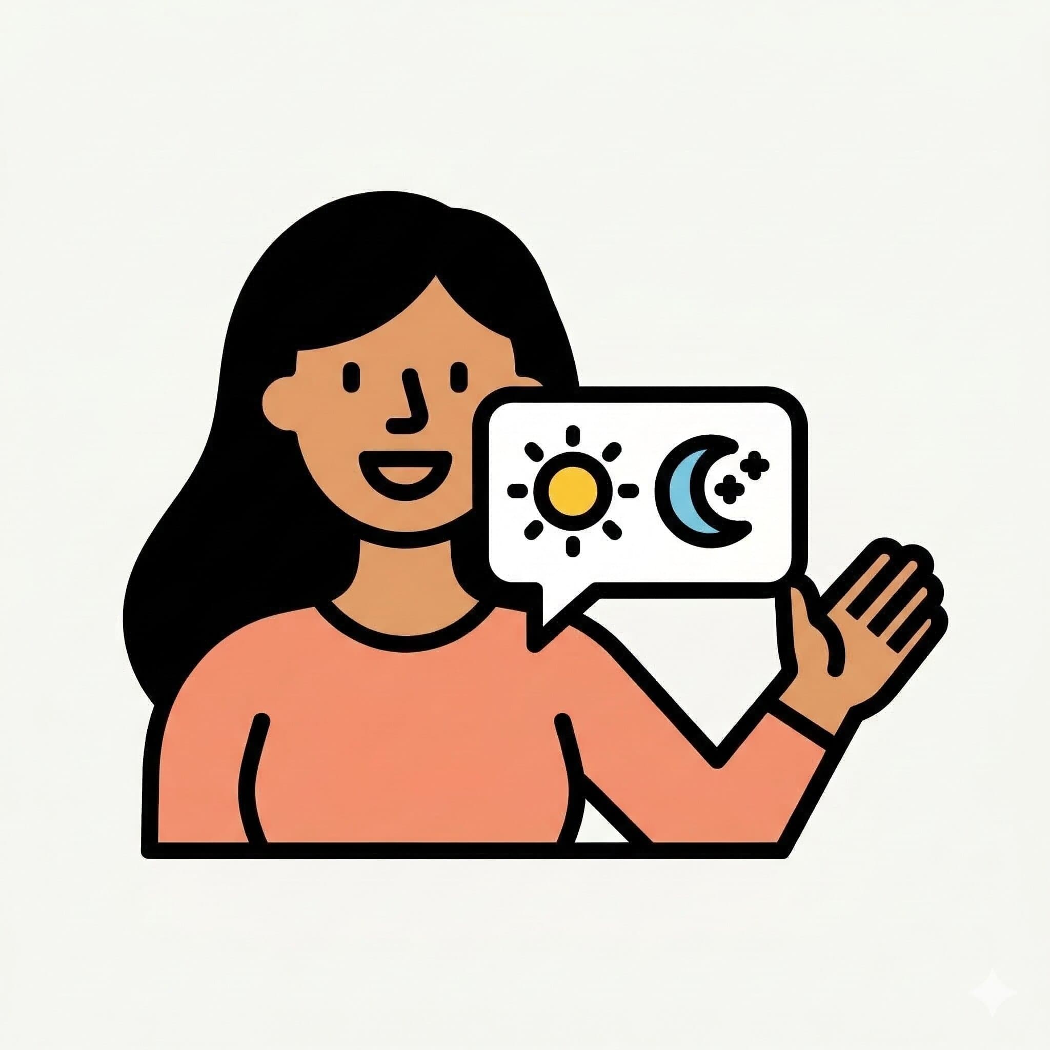 A person with long dark hair and a blue shirt smiles and holds up a hand. A speech bubble shows a sun and a moon, symbolizing the day.