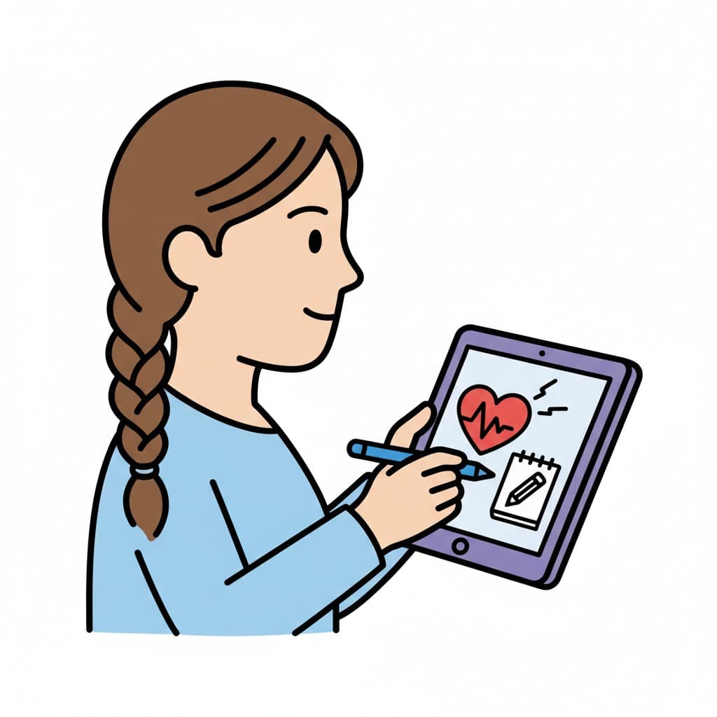 En person med flätat hår ler medan hen skriver på en surfplatta som visar ett hjärta med en hjärtlinje och en anteckningsbok.