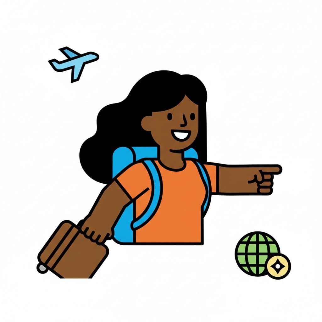 A woman with a backpack and a suitcase, pointing forward. An airplane and a globe are visible in the background.