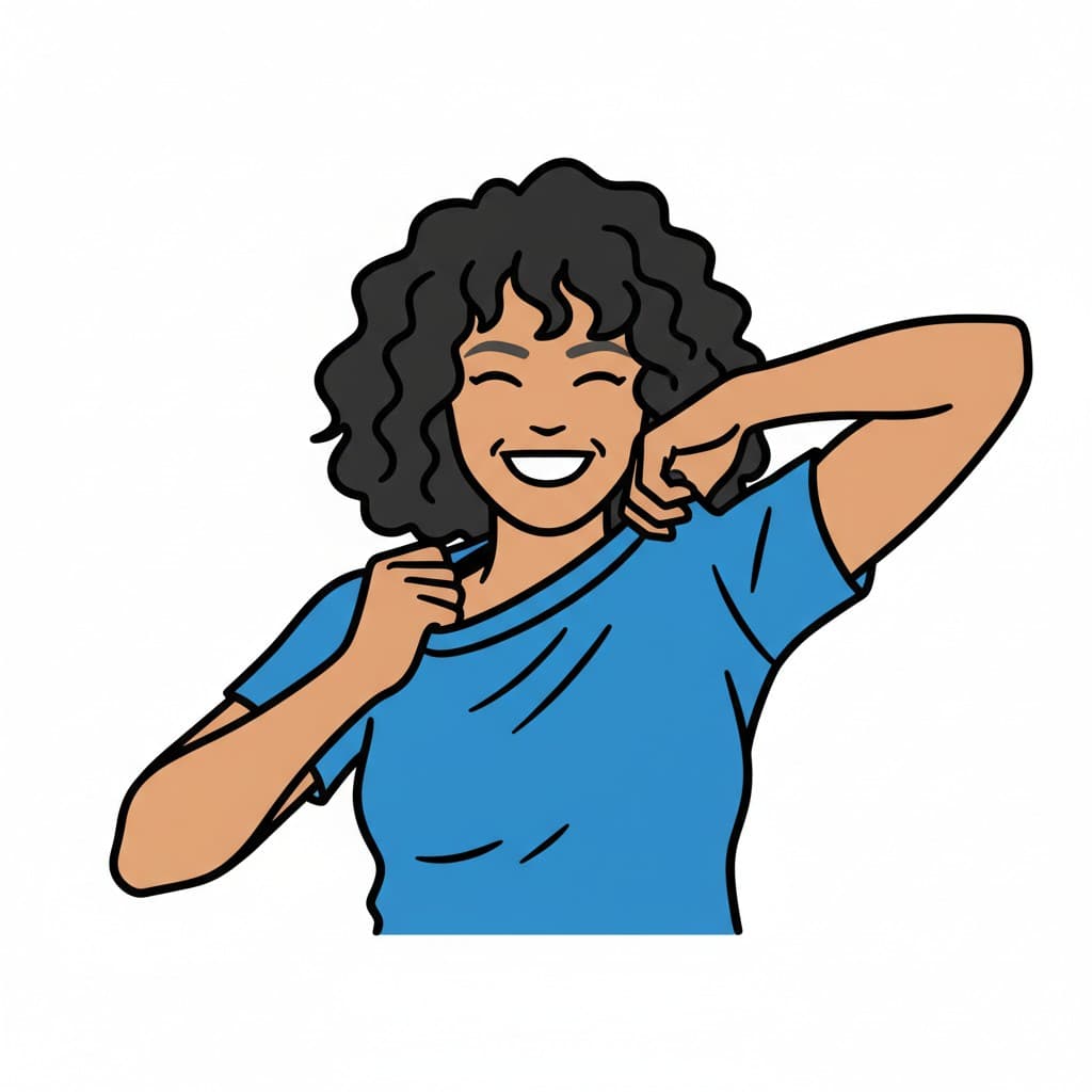 A woman is taking off her blue t-shirt, smiling.