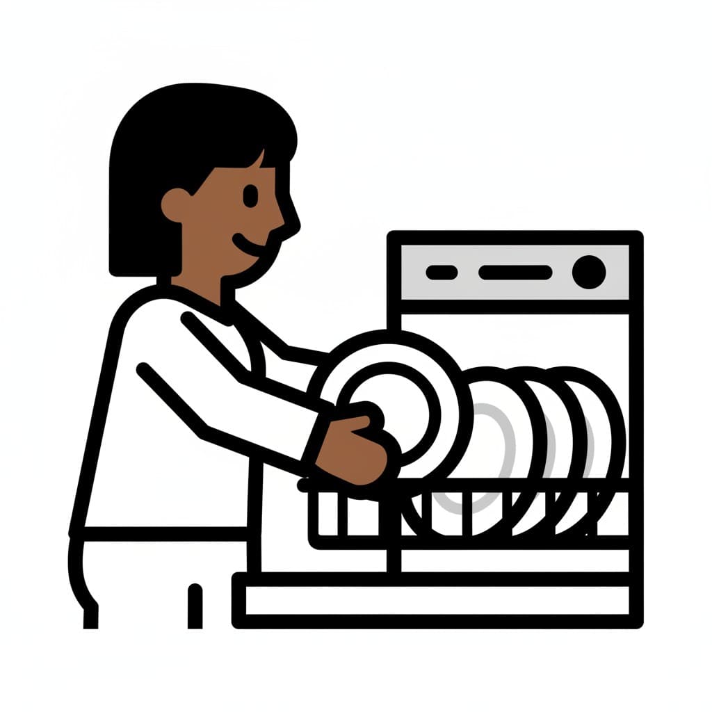 A woman takes plates out of a dishwasher.