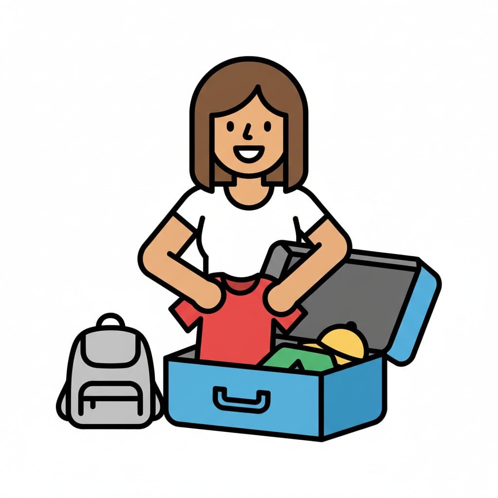 En person pakker tøj ud af en blå kuffert.