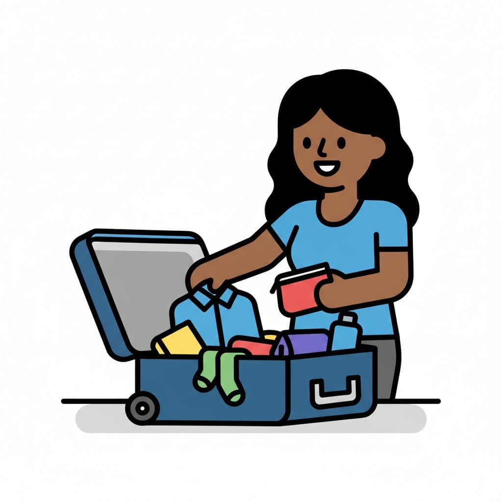 En person pakker tøj og en lille taske ud af en blå kuffert.