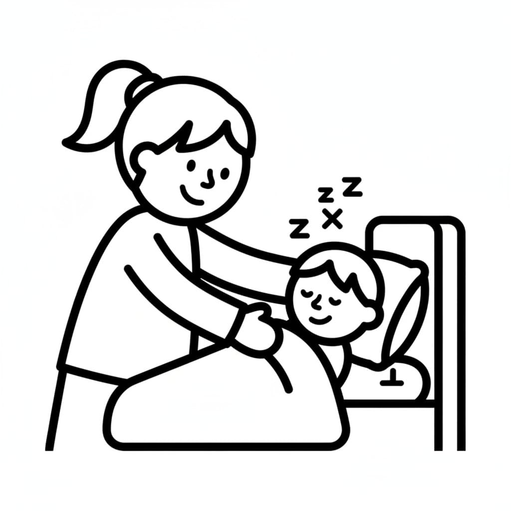 Eine Frau berührt sanft ein schlafendes Kind im Bett, um es zu wecken.