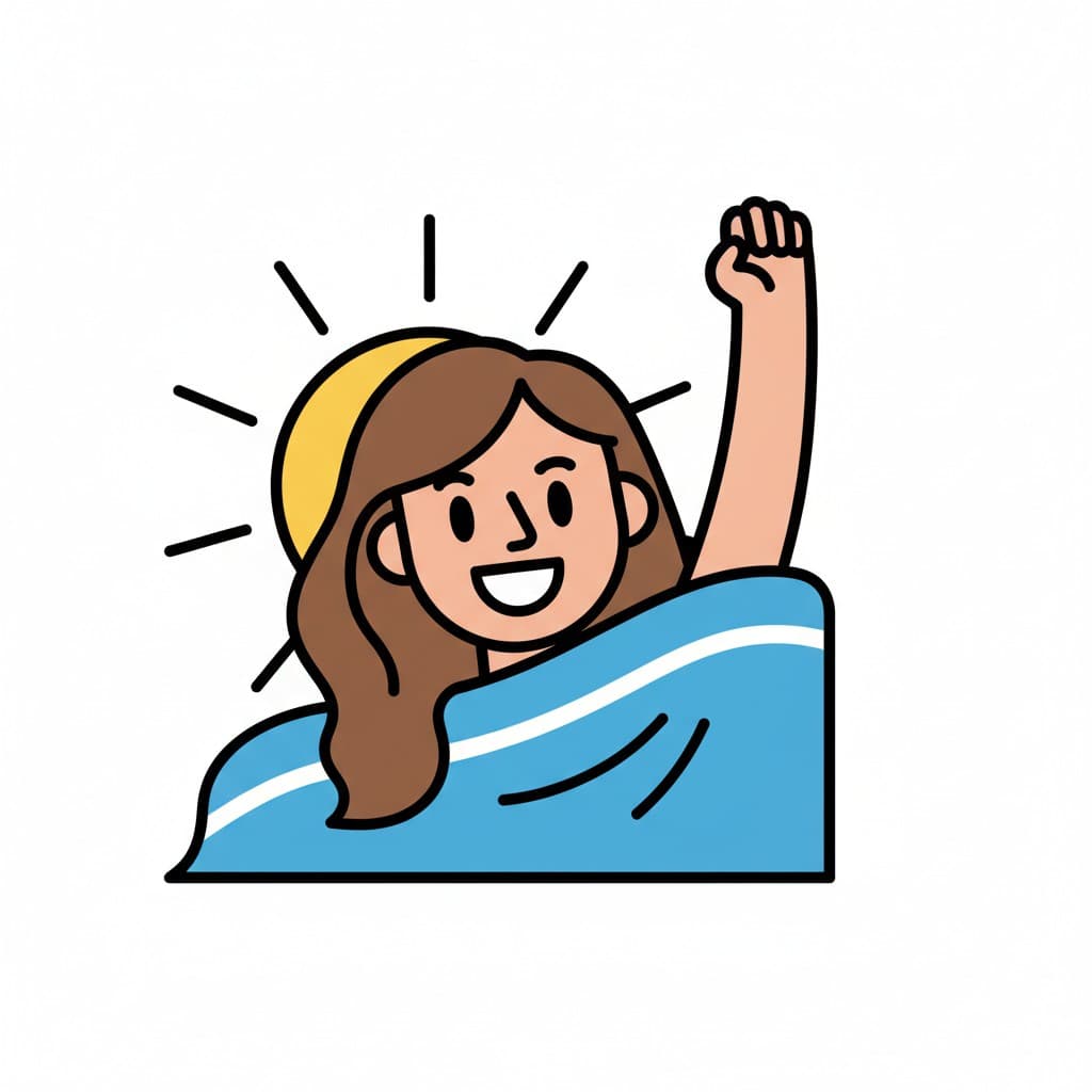 An illustration of a woman waking up, stretching her arm up, with a sun in the background.
