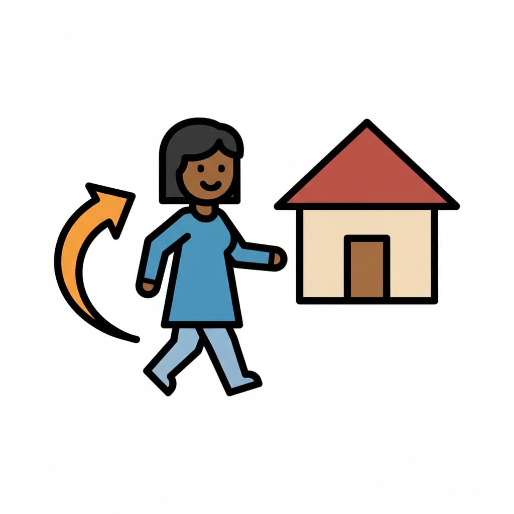 A woman walks towards a house with an arrow indicating she is going home.