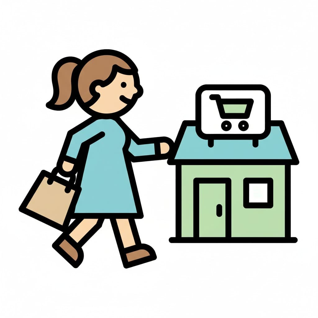 En person går mod en grøn butiksbygning med en brun indkøbspose. Butikken har et skilt med et indkøbskurv-ikon.