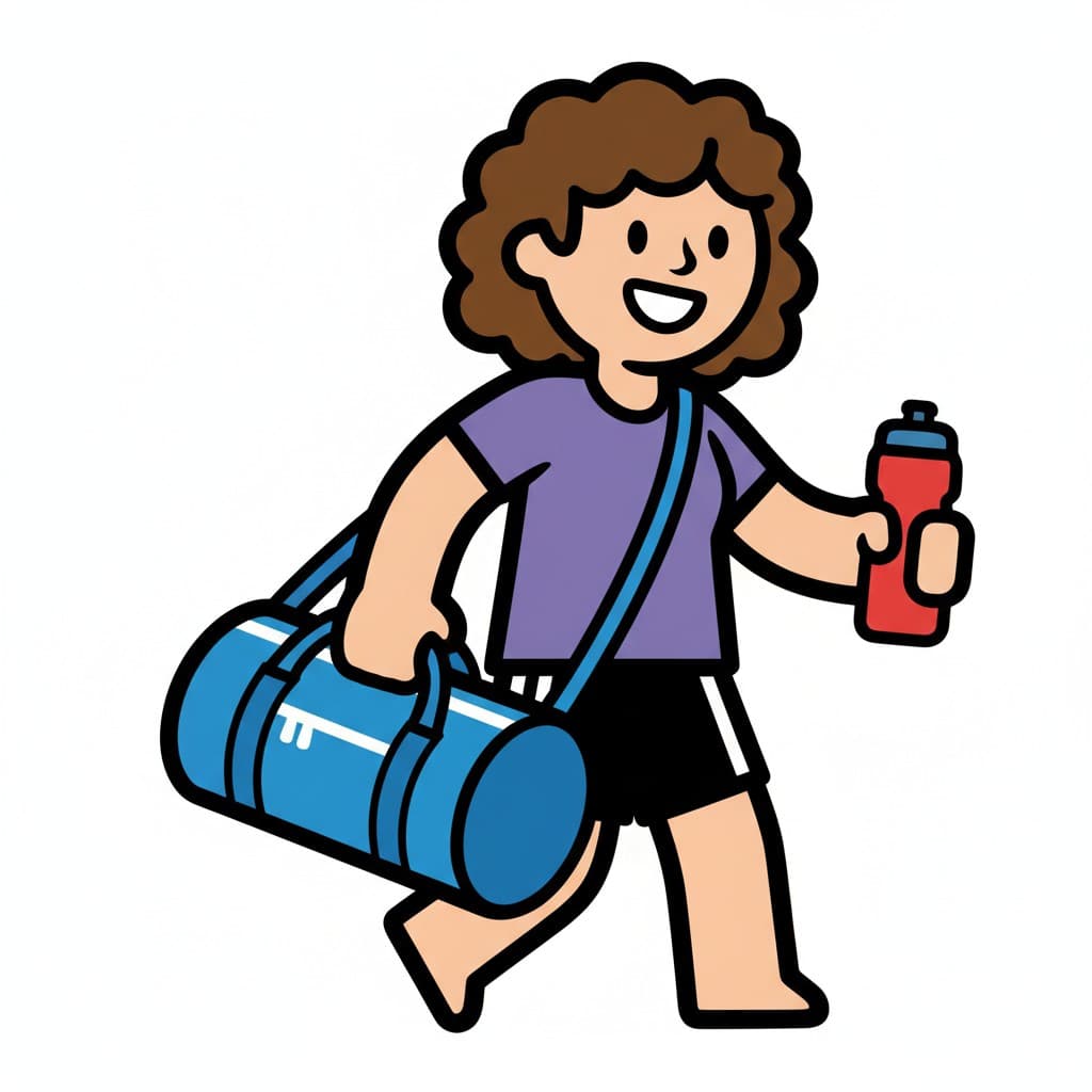 Henkilö, jolla on kiharat hiukset, kävelee sinisen jumppakassin kanssa olallaan ja pitää punaista vesipulloa.