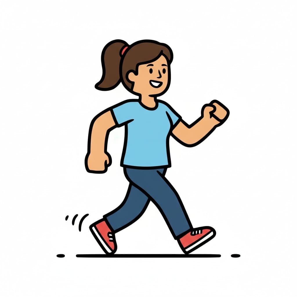 A cartoon image of a woman walking with a happy expression.