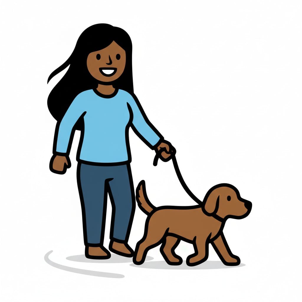 En kvinde går tur med en brun hund i snor.