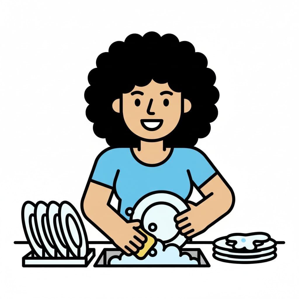 Illustration of a woman with curly hair washing a plate in a sink with bubbles, with clean dishes stacked to her left and dirty dishes to her right.
