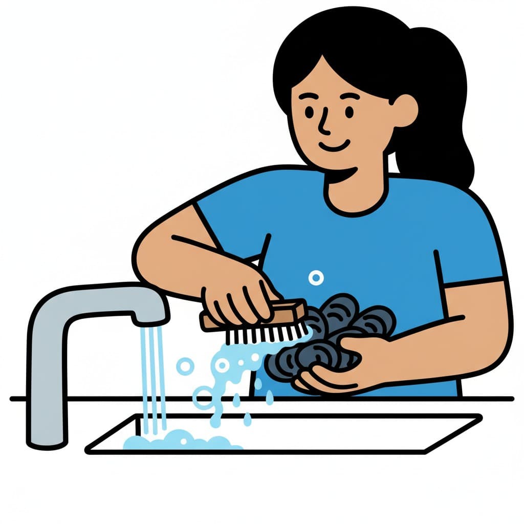 A woman stands at a kitchen sink, brushing mollusks under running water.
