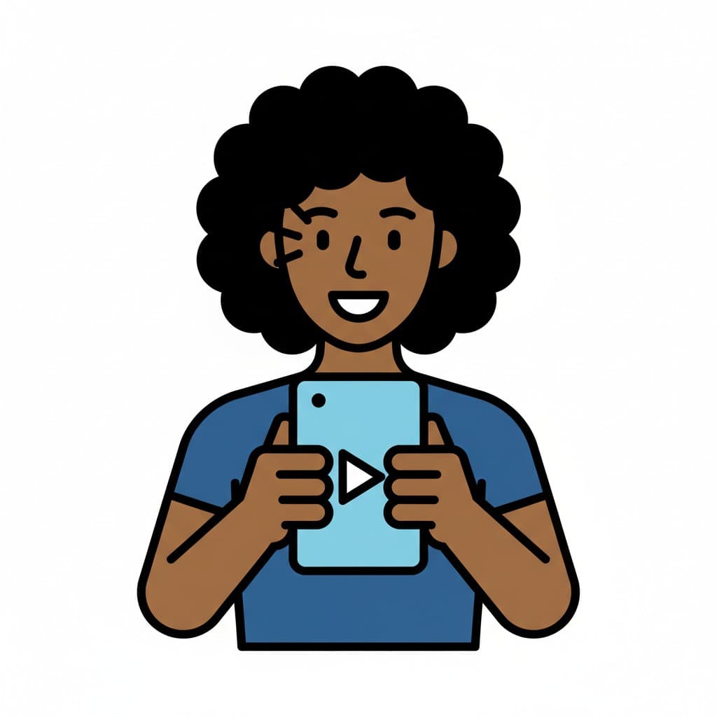 A woman watches a phone with a play button on the screen.