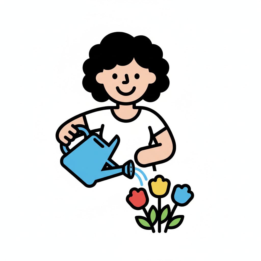 En kvinne med krøllete hår vanner tre fargerike blomster med en blå vannkanne.