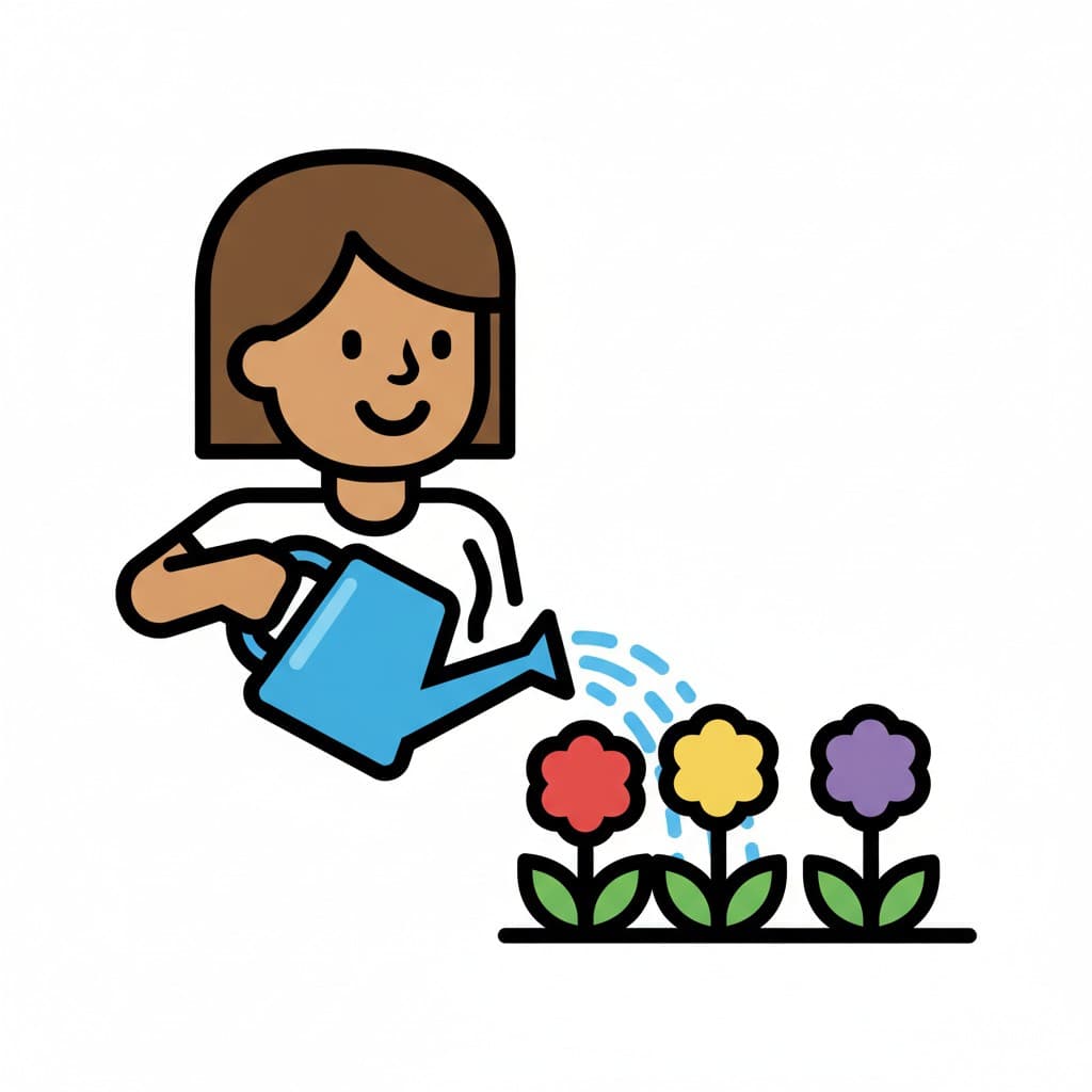 En kvinne vanner tre fargerike blomster med en blå vannkanne.