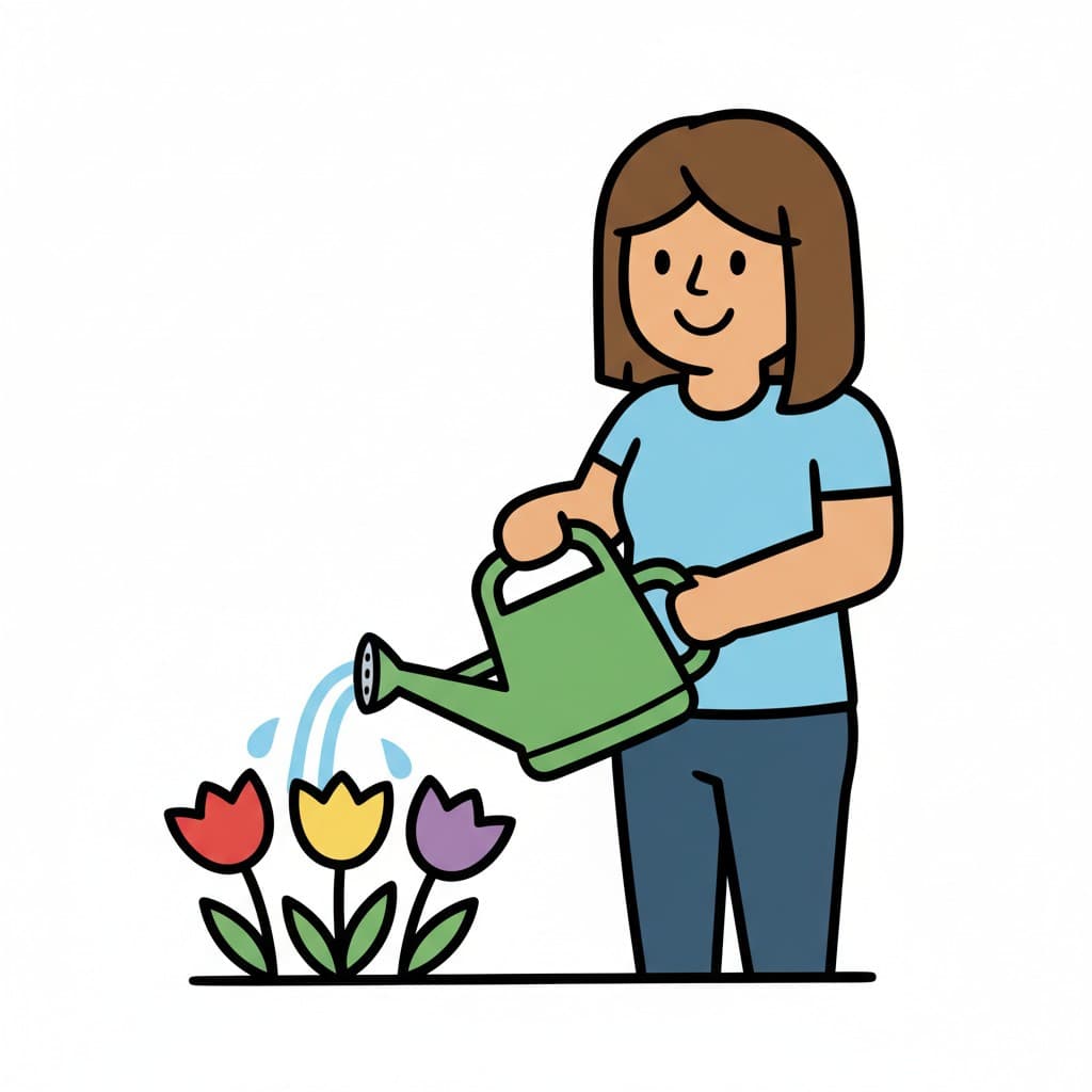 En kvinne vanner tre fargerike blomster med en grønn vannkanne.