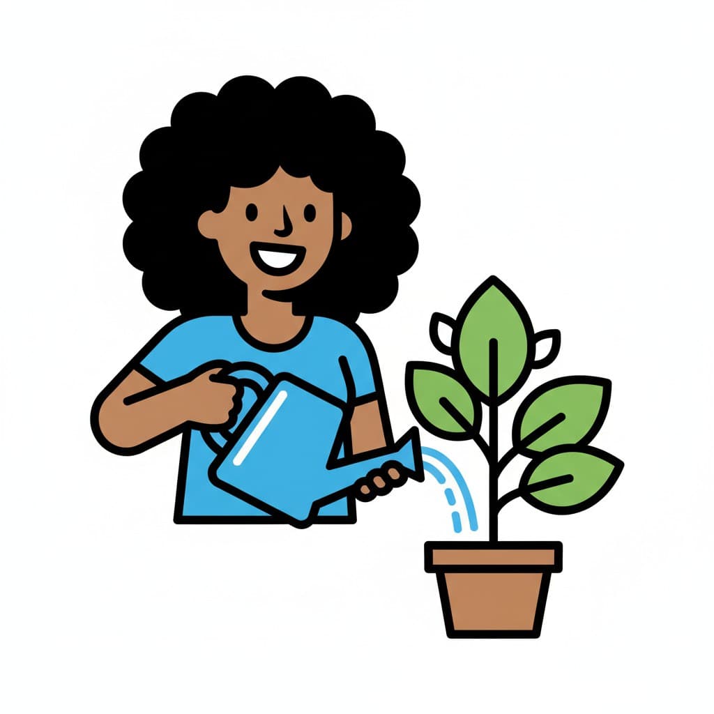 En person med mörkt lockigt hår håller en blå vattenkanna och vattnar en liten grön växt i en brun kruka.