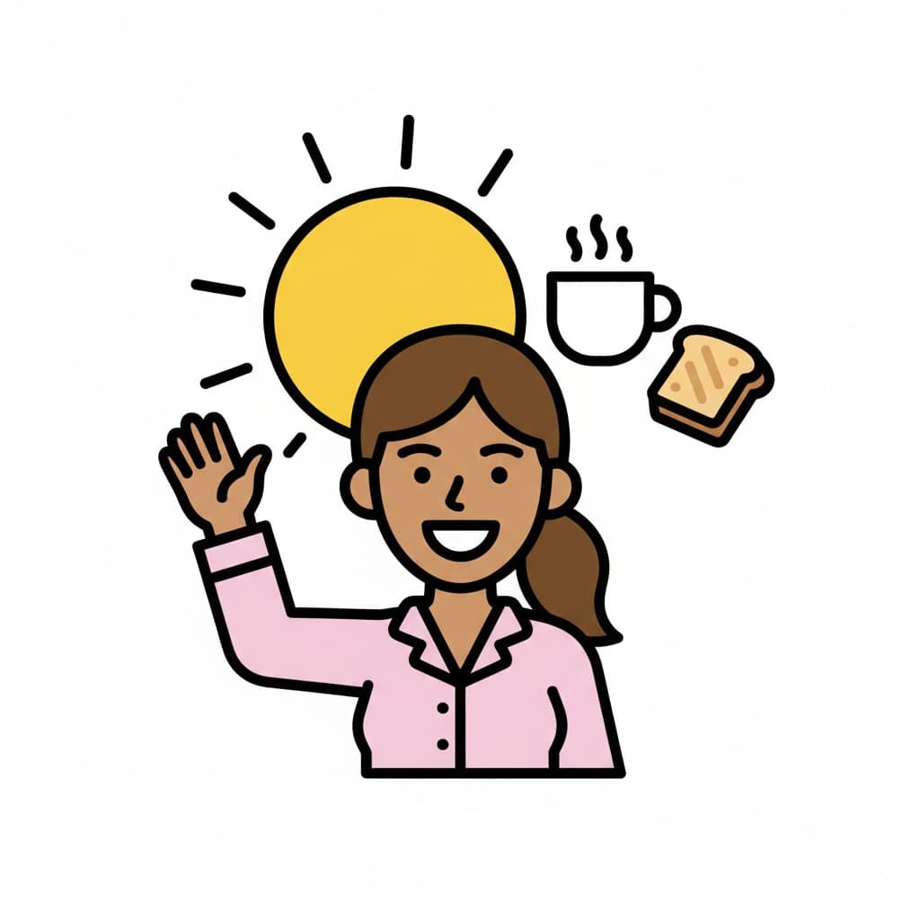 En person vinkar framför solen med en kaffekopp och rostat bröd.